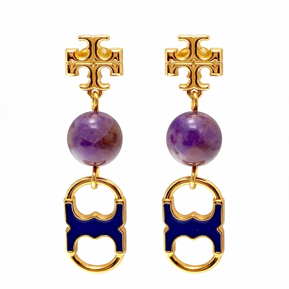 Tory Burch Gold-tone Blue Enamel & Purple Stone Gemini Drop Earrings